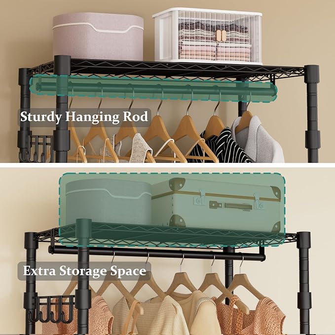 Heavy Duty Rolling Garment Rack, 3 Tiers Wire Shelves Adjustable Freestanding Portable Rolling Clothing Rack with Lockable Wheels, 29.5''L x 15.8''W x 78.8''H, Max Load 400 LBS