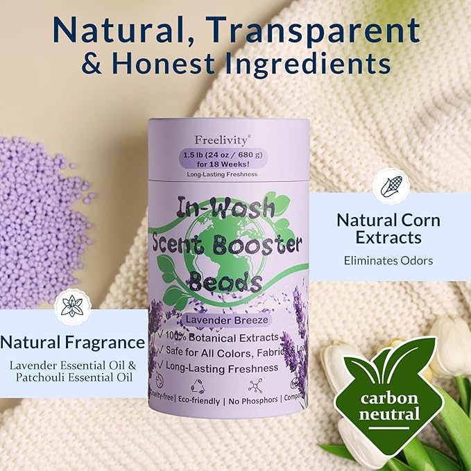 Freelivity In‑Wash Scent Booster Beads – Lavender Breeze Scent, Laundry Beads fabric softener, 24 oz – Lasts Up to 70 Washing Cycles – Eco‑Friendly & Safe for Babies and Kids