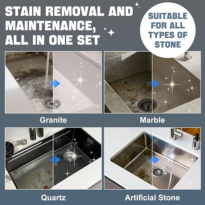 Granite Cleaner and Sealer for Granite Ceramic, Natural Stone Sinks, Restores Shine, Waterproof, All-in-One Cleaning Included 300g Granite Cleaner, 200ml Granite Sealer, 2 Sponges & Microfiber Cloth