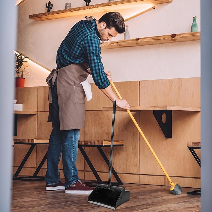 Leumoi 20 Pcs Dust Pans with Long Handle Set 36.6 Inch Commercial Dust Pan with Comb Large Plastic Stand up DustPans for Outdoor Indoor Restaurant Home Office Floor Cleaning (Black)