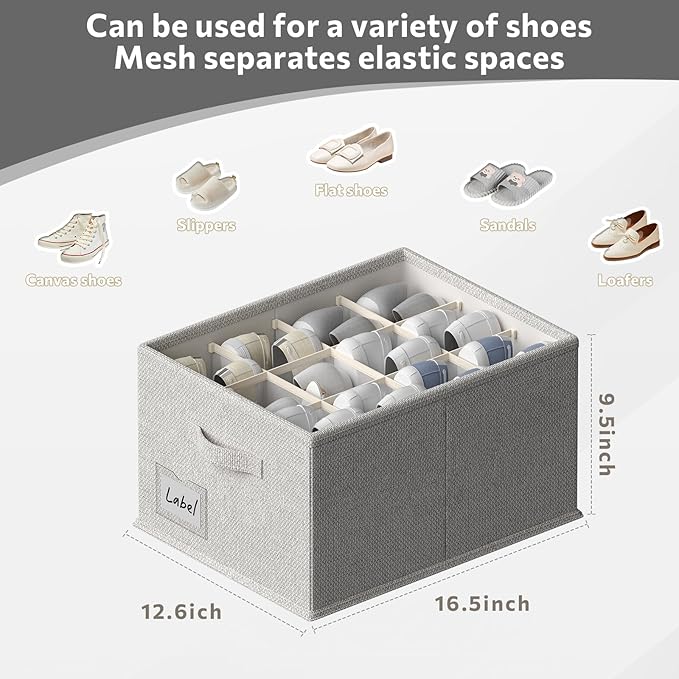 FHSQX 2 Pack Shoe Organizer for Closet,Fits up to 24 Pairs,Fabric Shoe Storage Bins,Large Shoe Box Storage Containers with Bottom Support for Shoes (Gray, (16.5 * 12.6 * 9.5) x1)