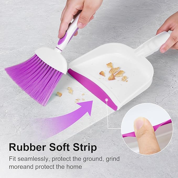 NACENA Small Dust Pan and Brush Set, Mini Broom and Dustpan Set Small Hand Broom and Brush Combo Dust Pan with Teeth for Home Cleaning Drawers Desktop Sofas and Outdoor, Purple