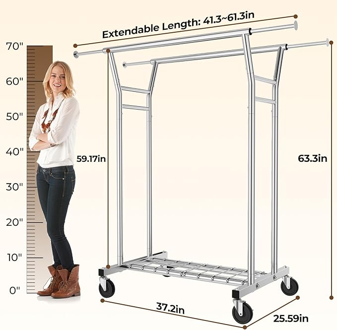 HYSEYY Heavy Duty Clothes Rack, Rolling Clothing Rack for Hanging Clothes with Shelves Load 700LBS,Portable Garment Wardrobe Closet Rack with Wheels for Bedroom,Laundry Room,Retail Store,Silver