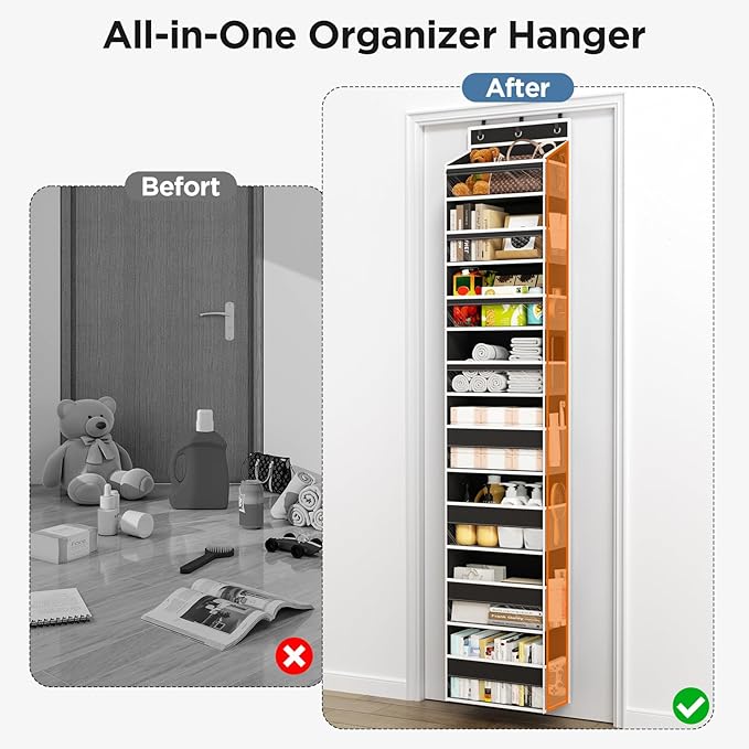 Mefirt Over The Door Organizer, 8 Shelf Door Hanging Organizers with 8 Large Capacity Pockets, Back of Door Organizer Storage Hanging Shelves for Closet Bathroom Bedroom Nursery