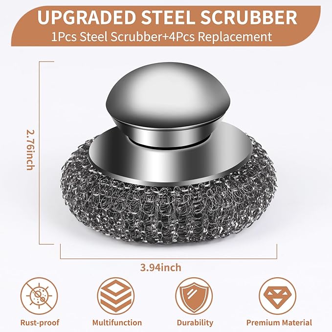 5Pcs Steel Wool Scrubber with Replacement Wire Sponge Pads Set, Stainless Steel Scrubber with Handle for Scouring Stubborn Messes from Cast Iron, Pots, Pans, Grill, Stoves, Sink(1 Scrubber+4 Pads)