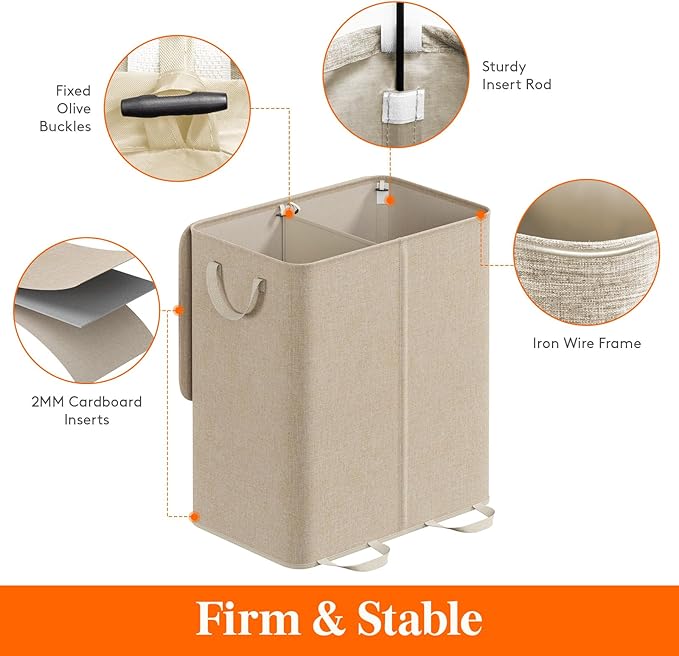 Lifewit Double Laundry Hamper with Lid and Removable Laundry Bags, Large Collapsible 2 Dividers Dirty Clothes Basket with Handles for Bedroom Laundry Room Closet Bathroom College, 155L Beige