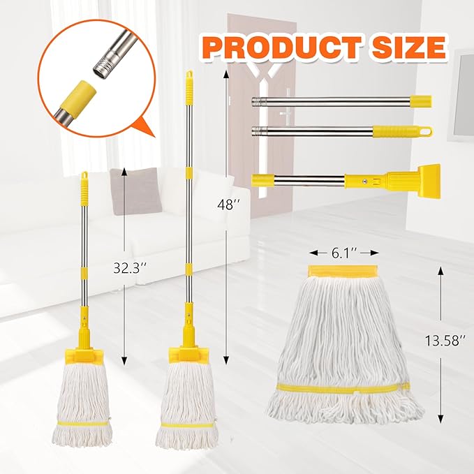 Professional Commercial Industrial Heavy Duty Mop with 48" Long Handle,Cotton Wet Commercial Mops for Floor Cleaning,Home,Kitchen,Office,Garage and Concrete Tile Floor