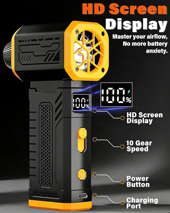 Compressed Air Duster, 130K RPM Powerful Cordless Electric Mini Blower with Display, 10-Gear Adjustable Jet Fan with Fast Charging, Rechargeable Dust Blower for Home, Outdoor and Car (Black, Blow)