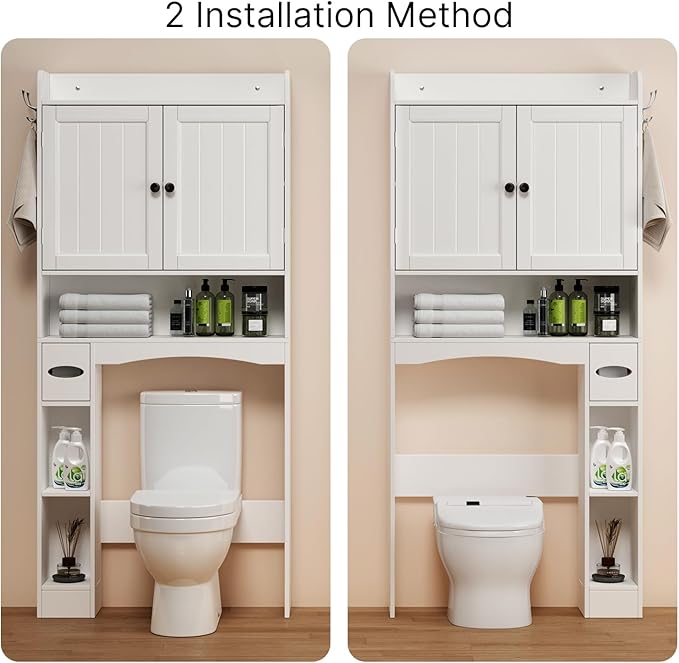 Ahomly Over The Toilet Storage Cabinet, 32.3" W x 70.3" H Over Toilet Bathroom Organizer with Doors, Adjustable Shelves, Toilet Paper Holder, 2 Side Hooks, Space-Saver for Bathroom, Laundry, White