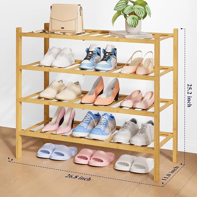 Kitsure Bamboo Wooden Shoe Rack for Closet - Stackable Shoe Organizer with Modular Structure, Space-Saving Shoe Shelf for Entryway, Living Room, Bedroom, 26.8" Wide - 4 Tiers, Natural