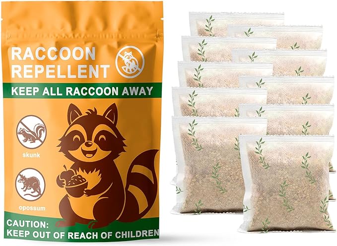 Natural Raccoon Repellent Granules | Eco-Friendly, Non-Toxic & Long-Lasting Protection with Garlic, Peppermint & Wintergreen Oils | Safe for Pets and Children |10-Pack (25g per Bag)