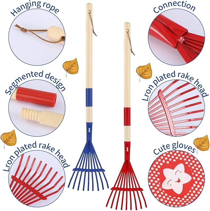 2PCS Garden Tool Rakes with Hardwood Handle and 2 Pairs Gloves, Garden Lawn Rake Leaves Lightweight Cute Rakes with Heads for Fall Garden Tools Gifts