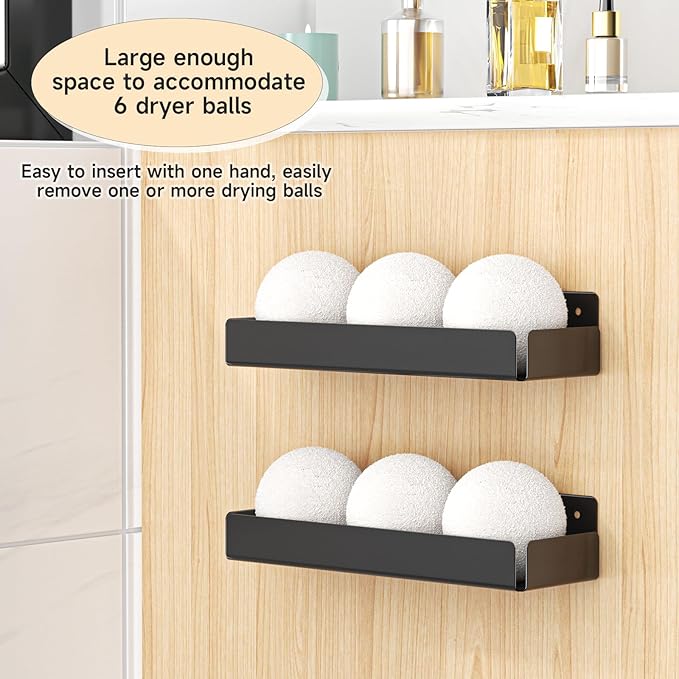 2PCS Dryer Ball Holder Wall Mounted, Dryer Balls Container Shelves for Laundry Room, Metal Self Adhesive Dryer Balls Dispenser for Laundry Accessories Organization and Storage, Black