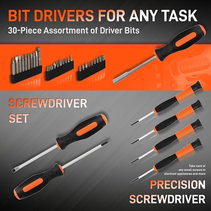 COMOWARE Household Tool Set with 12V Cordless Drill Driver, Hand Tool Kit for Men, Power Drill Set with Plastic Toolbox, Ideal for Office, Garden, DIY Project, Orange