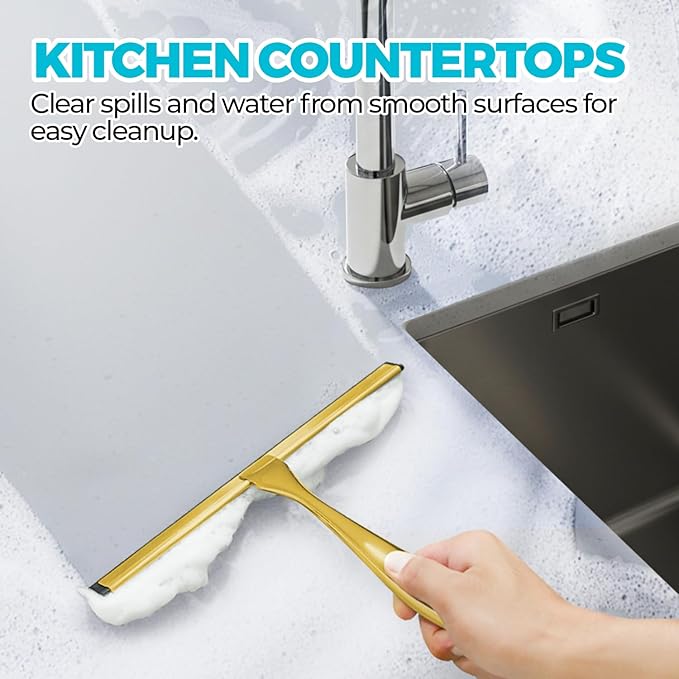 2PACK 9.5-Inch Golden All-Purpose Shower Squeegee for Shower Doors, Bath Linen Sets, Tile Shower Walls, Bathroom, Window, Glass and Car Windshield, Mirrors and Kitchen-Stainless Steel