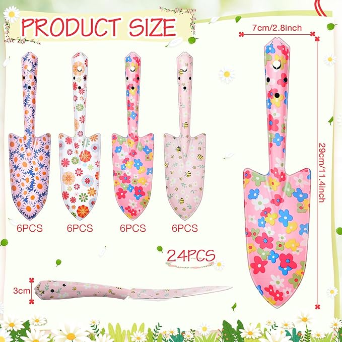 24 Pcs Floral Garden Shovels Bulk Gardening Gift for Women Heavy Duty Garden Tools Floral Hand Shovel for Mom Employees Birthday Thank You Gifts(Pink Flowers)