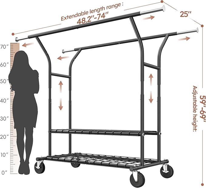 Raybee 74" W Clothes Rack Load 630 LBS, Clothing Racks for Hanging Clothes, Adjustable Heavy Duty Clothes Rack, Double Rods Metal Garment Rack for Bedroom Wardorbe Closet Living Room