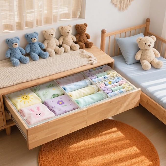 Dorisun Drawer Organizer Clothes - Dresser Organizer for Baby Clothes, Underwear, Sock - Nursery Organization - Foldable Closet Organizatio Dividers for Bra, Belt, Tie (Beige, 6 Pack)