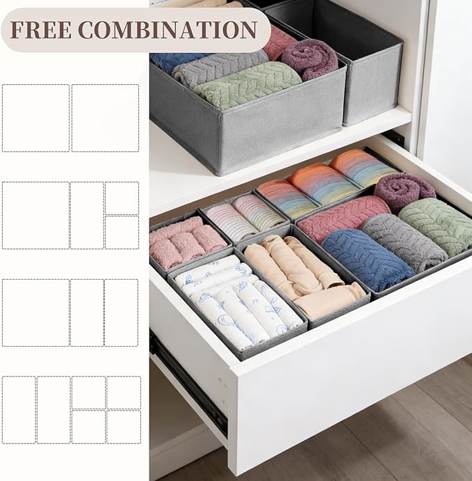 Drawer Organizer Clothes, 16 Pack Dresser Organizer Bins, Foldable Closet Organizers and Storage Fabric Dresser Bins, Shallow Drawer Dividers for Clothing, Underwears, Socks, Tie