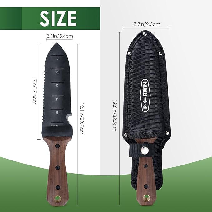 Hori Hori Garden Knife, Garden Tools with Sheath for Weeding, Planting, Digging, 7" Stainless Steel Blade with Cutting Edge, Full-Tang Wood Handle with Hanging Hole