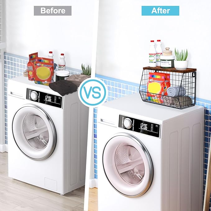 MSJGA Laundry Room Shelves Wall Mounted with Storage Basket - Stackable Wire Wall Shelves Organizer for Towels, Detergent, Tissues | Space-Saving Over Washer & Dryer, Small Spaces(11.8"Wx7.9"Dx8.5"H)