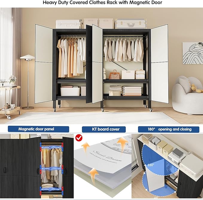 Heavy Duty Covered Clothes Rack with Magnetic Door Foldable Portable Wardrobe Closet for Hanging Clothing Rolling Black Metal Garment Rack on Wheels Closet System (Black, 58.9in)