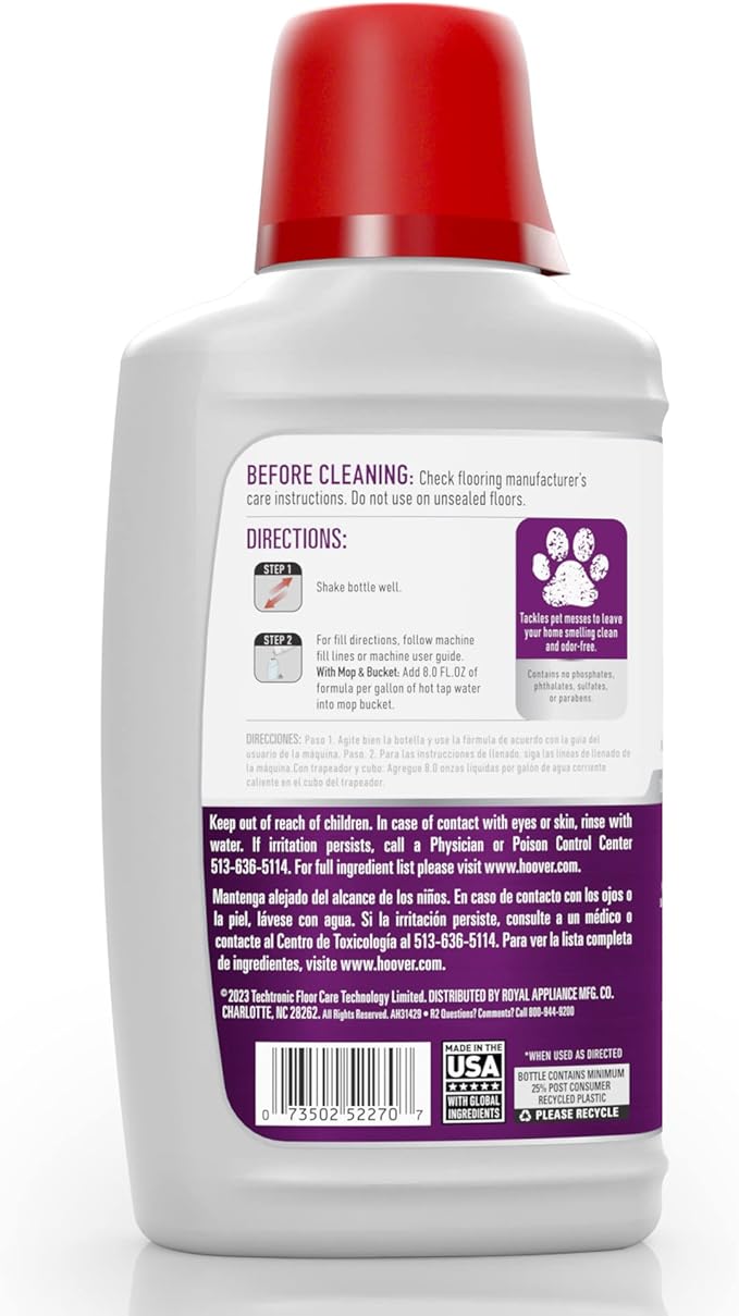 Hoover Pet Hard Floor Cleaner Solution, 32 oz., Jasmine Breeze Scent, Concentrated Pet Cleaning Formula, For Use on Sealed Vinyl, Sealed Hardwood, Tile and More, Pair with Hoover Hard Floor Machines