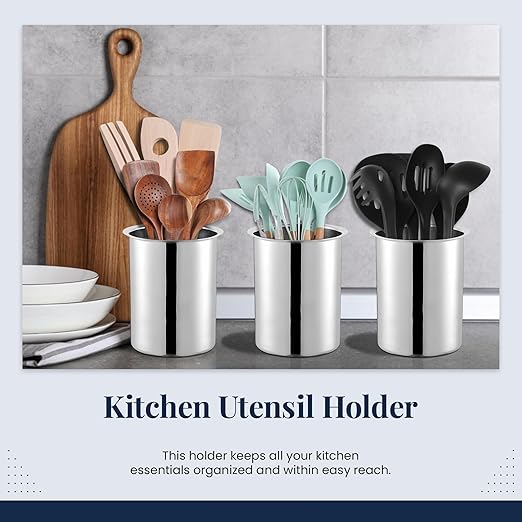 OCS Parts 6.75-Inch Kitchen Utensil Holders | Set of 3 | Stainless Steel Dishwasher Safe Kitchen Countertop Organizers