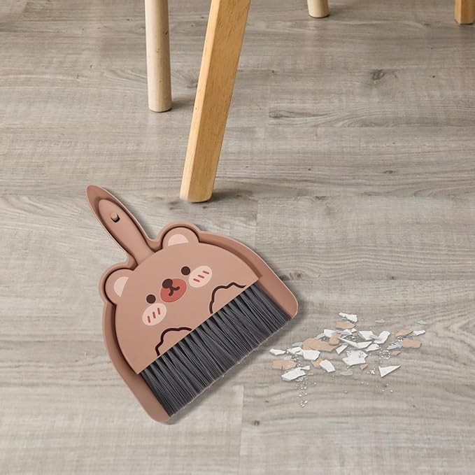 LOGOFUN Mini Dustpan and Brush Set Cartoon Small Broom and Dustpan with Bear Pattern for Home Office Desktop Cleaning Tool - Brown