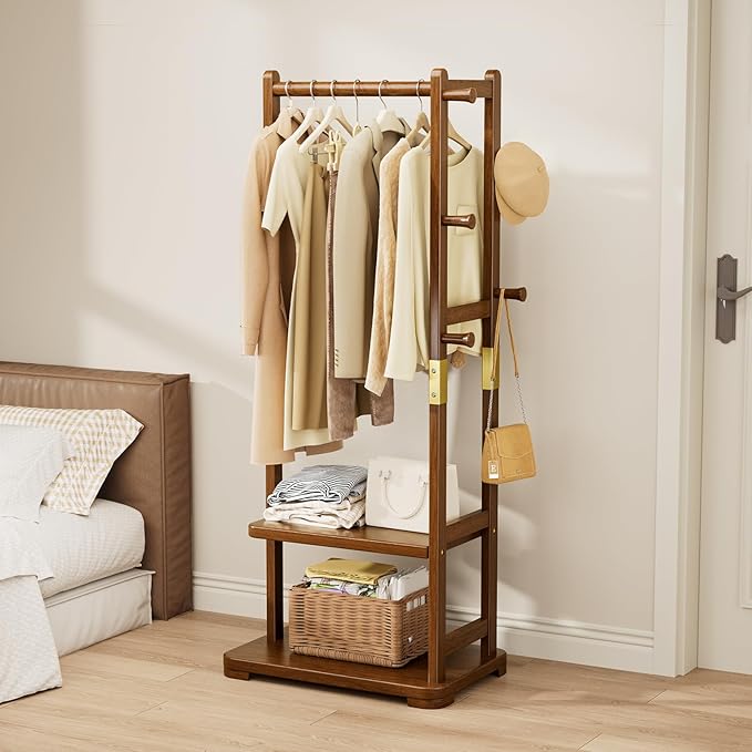 Taitiy Coat Rack Solid Wood Clothes Rack with 2 Shelves & 4 Hooks for Hanging Clothes Garment Wallets Hats, Clothing Rack Coat Rack Freestanding Hall Tree with Storage for Hallway Bedroom Living Room