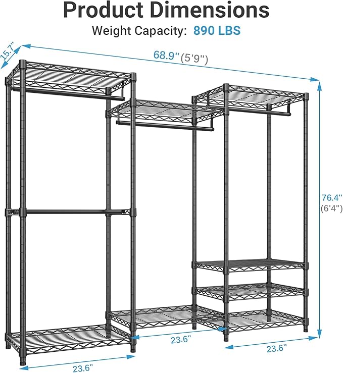 VIPEK V5C Portable Clothes Closet Wardrobe Bedroom Armoires Heavy Duty Covered Clothes Rack, Black Metal Clothing Rack with Grey Oxford Fabric Cover, Adjustable Custom Closet Rack 68.9"Lx15.7"Wx76.4"H