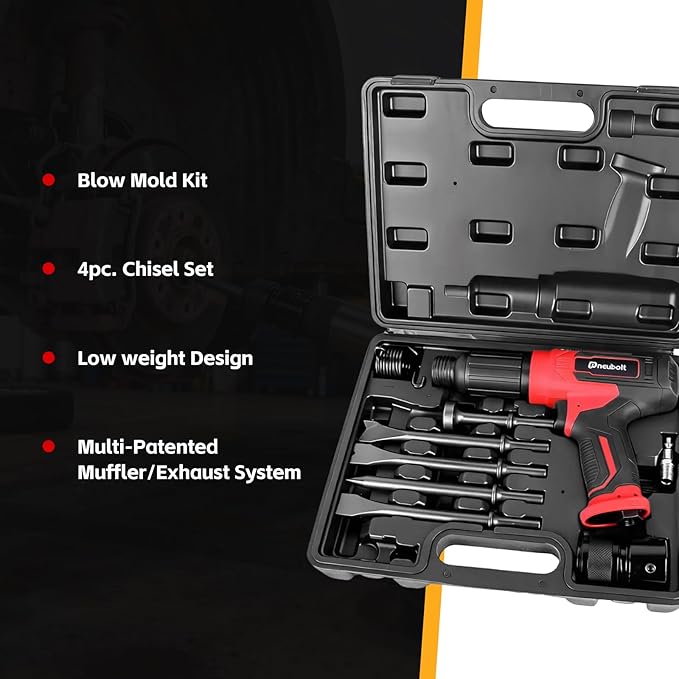 Air Hammer Kit with 4-Piece Chisel Set & Case, 2500 BPM Pneumatic Hammer Set for Automotive Repair, Metal Working, Rust Removal & Home Garage