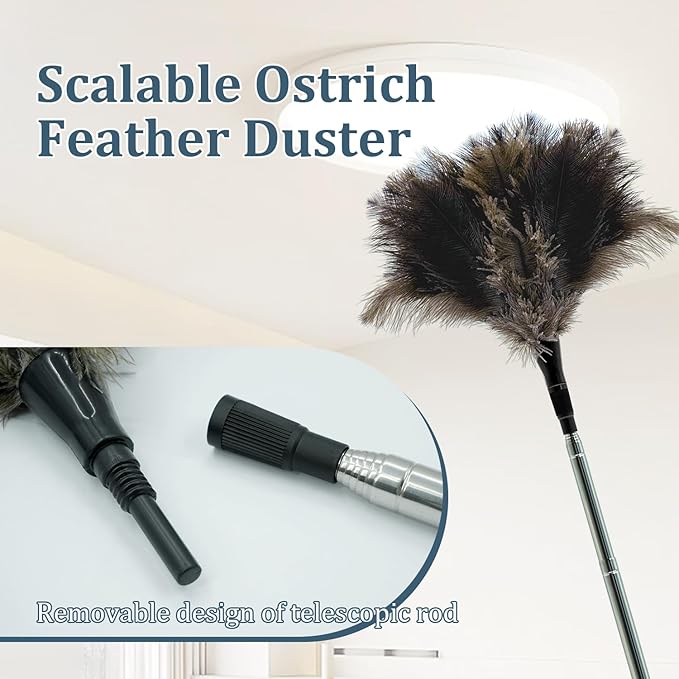 Extendable Feather Duster - 47 inches Fluffy Long Handle Reusable Feather Duster for Cleaning Ceiling Fan,Pendant lamp, High Ceiling, Blinds, Furniture，Ostrich Feather Duster
