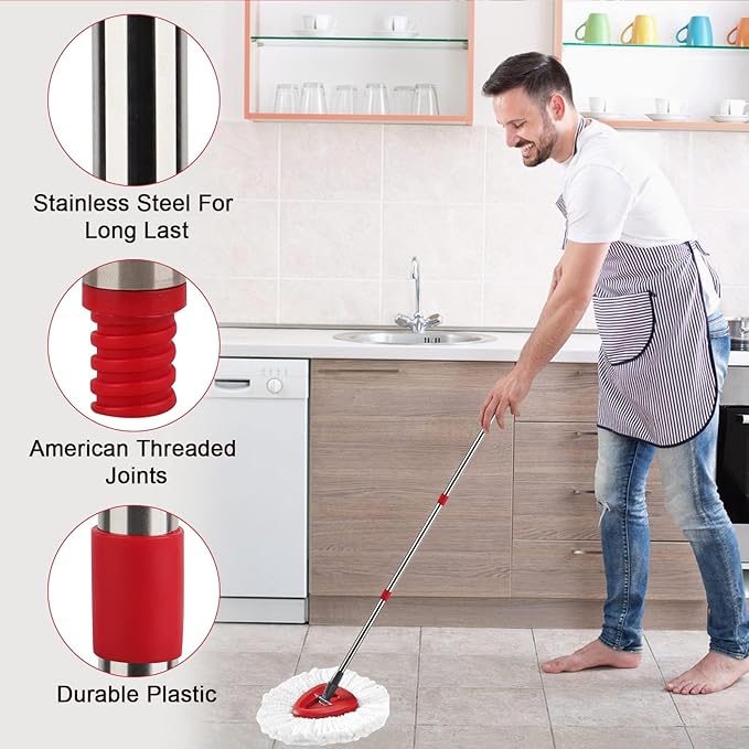 Spin Mop Handle,Head,Base Replacement Compatible with Easywring Microfiber Spin Mop - Replace 30-58in Stick/Pole+5Head Refill+1Base for Easy Wring Spinning Mop Only 1Tank System