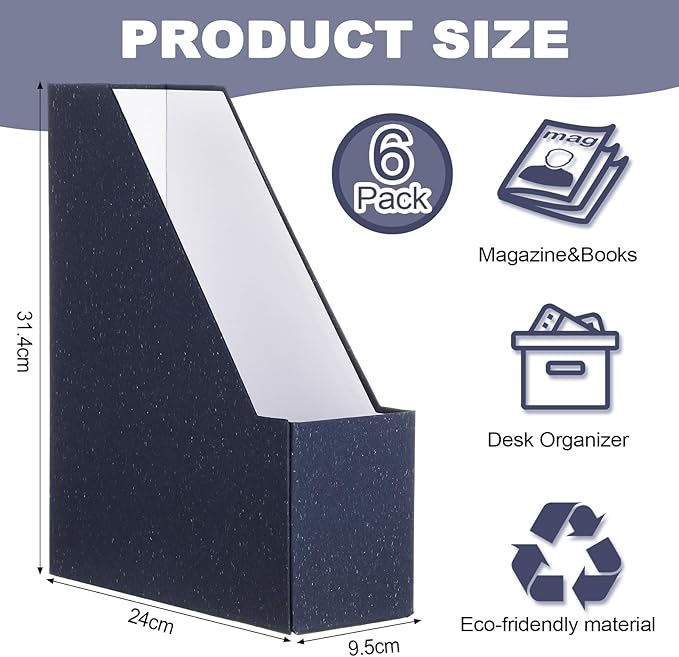 Gueevin Set of 6 Magazine File Holder Stylish Sturdy Cardboard File Boxes Desk Magazine Organizer Rack with Gold Label Holder to Organize Your Desk or Shelves for Home Classroom Office Library(Blue)
