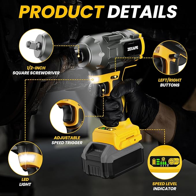 Cordless Impact Wrench 1/2 inch for Dewalt 20V Battery, Impact Wrench 1360N.m(950Ft-lbs) High Torque Brushless Electric Impact Gun, Power Impact Driver with 3-Mode Speed, LED Work Light(no battery)