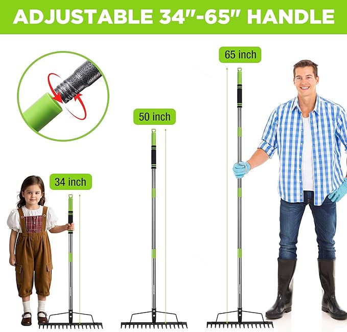WORKPRO 65 Inch Bow Rake, 17 Tines Metal Head Rakes with High Strength Handle, Heavy Duty Garden Rake with Adjustable Handle for for Loosening Soil, Gathering Leaf, Leveling Lawn, Farming Land