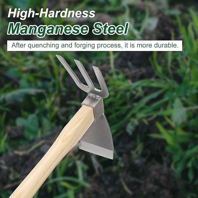 HARFINGTON Garden Hoe and Cultivator 15" Steel Hoe Garden Tool Anti-Rust with Non-Slip Wooden Handle Lightweight Hand Tiller for Backyard Loosening Farm Planting Weeding