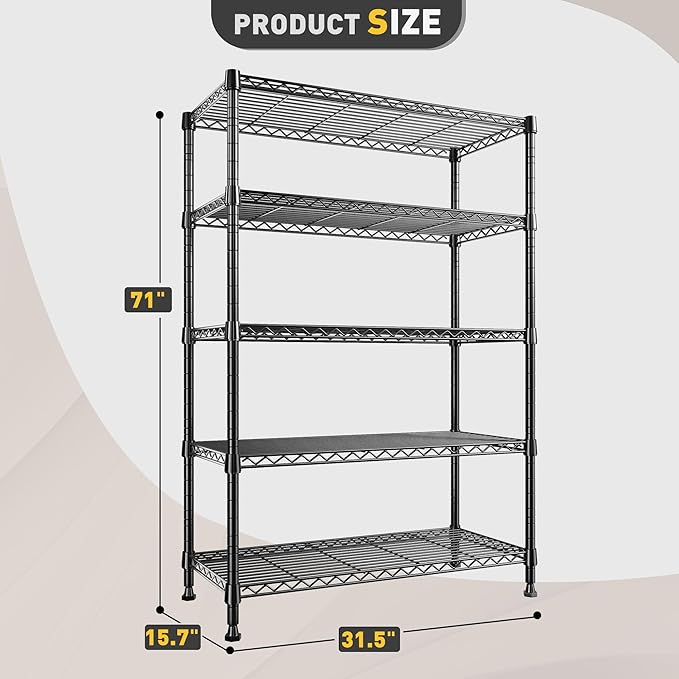REIBII 5-Tire Storage Shelves, Wire Shelving Load 1000LBS Metal Shelves for Storage Adjustable Garage Shelving Unit Wire Shelf Rack Kitchen Storage Rack Pantry Shelves 31.5''W x 15.7'' D x 71''H