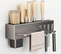 SEIDO Carbon Steel Utensil Rack – Space-Saving 12" L Kitchen Organizer with hooks & hanging bar, Gunmetal Gray Knife Holder, 2 Installation Options (Adhesive/Screwed)