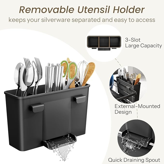 SNTD Dish Drying Rack - Space-Saving Dish Rack for Kitchen Counter, Stainless Steel Dish Drainer with Utensil Holder and Drainboard, 11" W x 15" L (Black)
