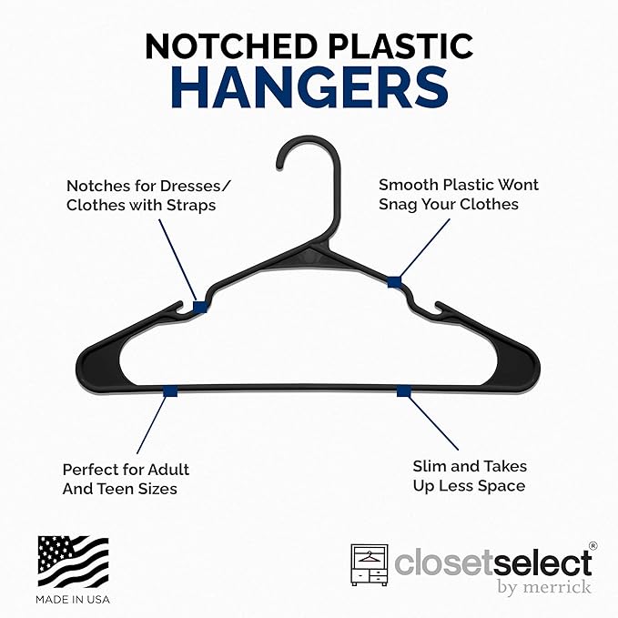Closetselect Plastic Hangers 50 Pack - Space Saving Clothes Hangers, Made in USA, Durable & Strong Plastic Shirt & Coat Hanger with Notches & Shoulder Grooves, Non-Slip Clothing Hangers | Black