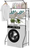 Laundry Room Storage Shelf, 2 Tier Metal Over Washer and Dryer Shelves, Washing Machine Shelf with Hanger Rods & Hooks, Expandable Bathroom Space Saver Shelf, 26–36.8" L x 18.3" W x 73.8" H, Black