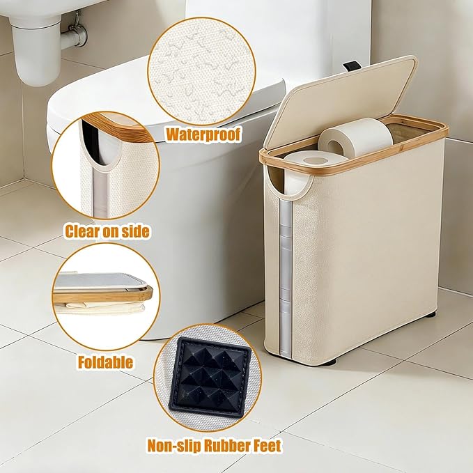 Toilet Paper Roll Storage, Bathroom Slim Toilet Paper Storage with Lid for 12 Rolls, Ultimate Bathroom Organizer with Anti-Slip Base, Beige 30L