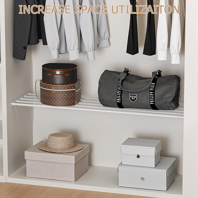 VanlonPro Expandable Closet Shelf Wall-Mounted Metal Storage Rack Adjustable Closet Rod DIY Divider Separator Space Saving for Cabinet Wardrobe Cupboard Kitchen Pantry Cupboard, 45.8-56.5 Inches