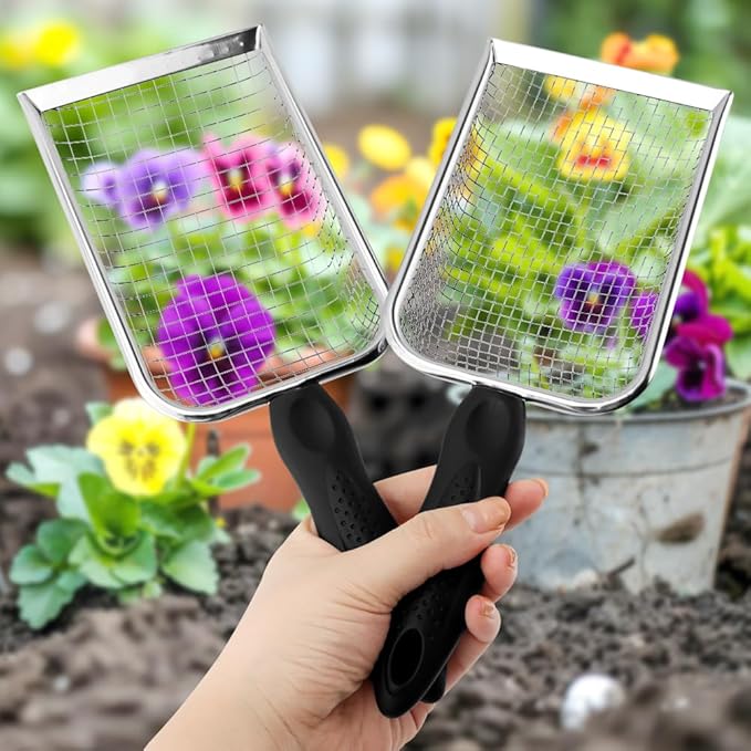2pcs Gardening Soil Sifter, 3.8mm & 5.0mm Mesh Sieve for Gardening, Dirt Sifter Compost Sifters with Handle, Multi-Functional Garden Sieve Potting Scoop for Sand, Rocks(Color:Silver)