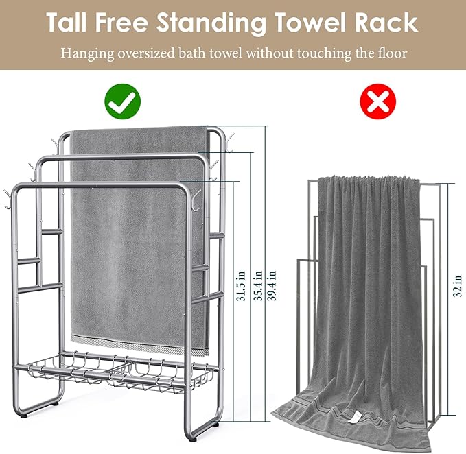 Kayfia 40" H Towel Rack Freestanding, 3-Tier Bath Towel Holder Stand with Storage Baskets & Hooks, Blanket Drying and Display Rack for Oversized Bath Towels, Metal Towel Rack Stand Indoor Outdoor