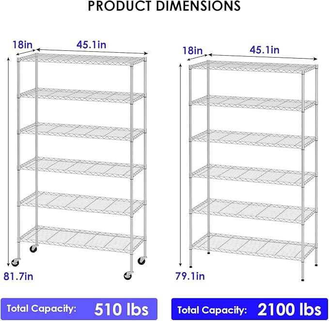FDW 45"L×18"W×82"H Wire Shelving Unit Storage Cart Metal Shelf Rolling Utility Cart 2100Lbs Capacity with 6 Tier Casters Adjustable Layer Rack Strong Steel for Restaurant Garage Pantry Kitchen,Chrome