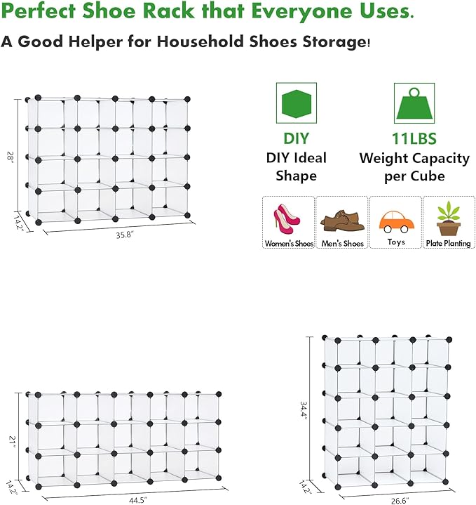 C&AHOME Plastic Shoe Rack,16-Cube Modular Shoes Storage Stand, Multifunction Closet Cabinet, Stackable Shoe Organizer for Bedroom Doorway Entryway Hallway, 36" L × 14.2" W × 28" H White SRP15A