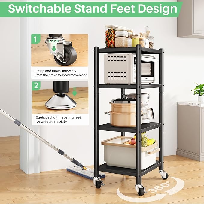 PXRACK Storage Shelves with Rolling Wheels, Adjustable 4 Tier Metal Shelving Unit for Storage Heavy Duty, Small Storage Rack Shelf for Corner of The Kitchen Bathroom Living Room Garage Office, Black